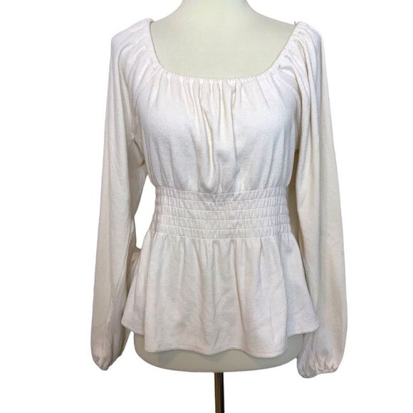 MADEWELL Shirt Blouse Off The Shoulder Cream Elastic Waist Detail Knit Size M - Picture 7 of 10